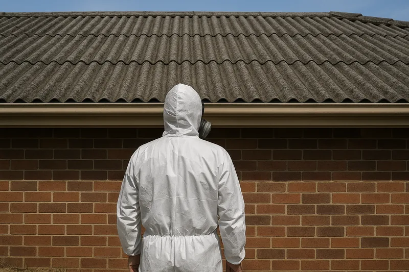 A person in a white hooded coverall and respirator, seen from behind, standing in front of a brick wall and looking up at an old grey corrugated cement roof — asbestos cement roof safety, Gosford and the Central Coast. Illustrative example.