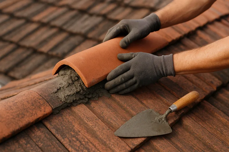 Two gloved hands pressing a terracotta ridge cap into a mound of grey mortar along a roof ridge, a trowel on the tiles beside them — tile roof restoration, Gosford and the Central Coast. Illustrative example.
