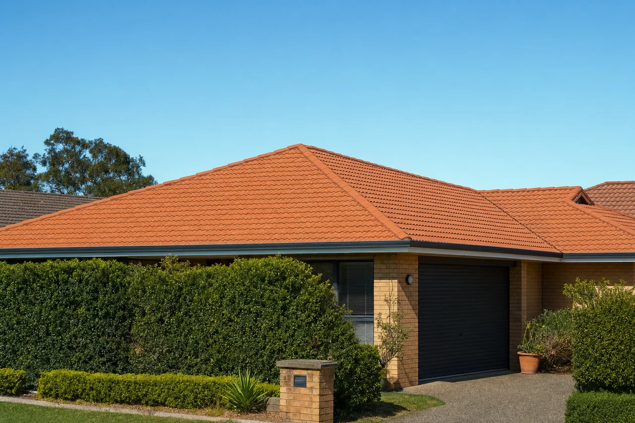 A terracotta-tiled hip roof on a single-storey brick house, even tile colour and clean ridge caps under a clear blue sky, a hedge and a garage door below — roof restoration, Gosford and the Central Coast. Illustrative example.