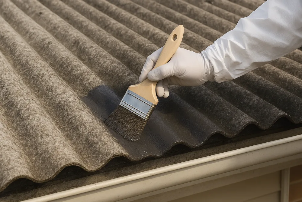 A white-gloved hand in a coverall sleeve brushing dark sealant onto a section of old grey corrugated cement roofing above a cream gutter — asbestos cement roof safety, Gosford and the Central Coast. Illustrative example.