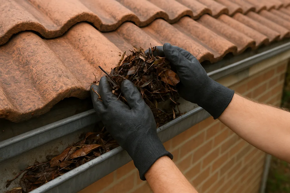 Two black-gloved hands lifting a handful of wet leaves and twigs from a metal gutter below a terracotta-tiled roof — gutter and roof leak repairs, Gosford and the Central Coast. Illustrative example.