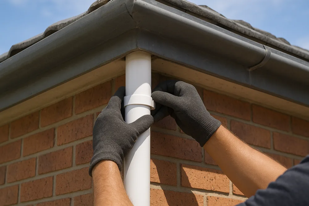 Two black-gloved hands clipping a white downpipe against a brick wall beneath a grey gutter at the corner of a roof — gutter and roof leak repairs, Gosford and the Central Coast. Illustrative example.