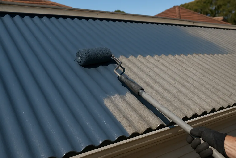 A roller on a long pole spreading blue-grey coating across corrugated roof sheeting, the left side coated and the right side weathered grey — metal roof restoration, Gosford and the Central Coast. Illustrative example.