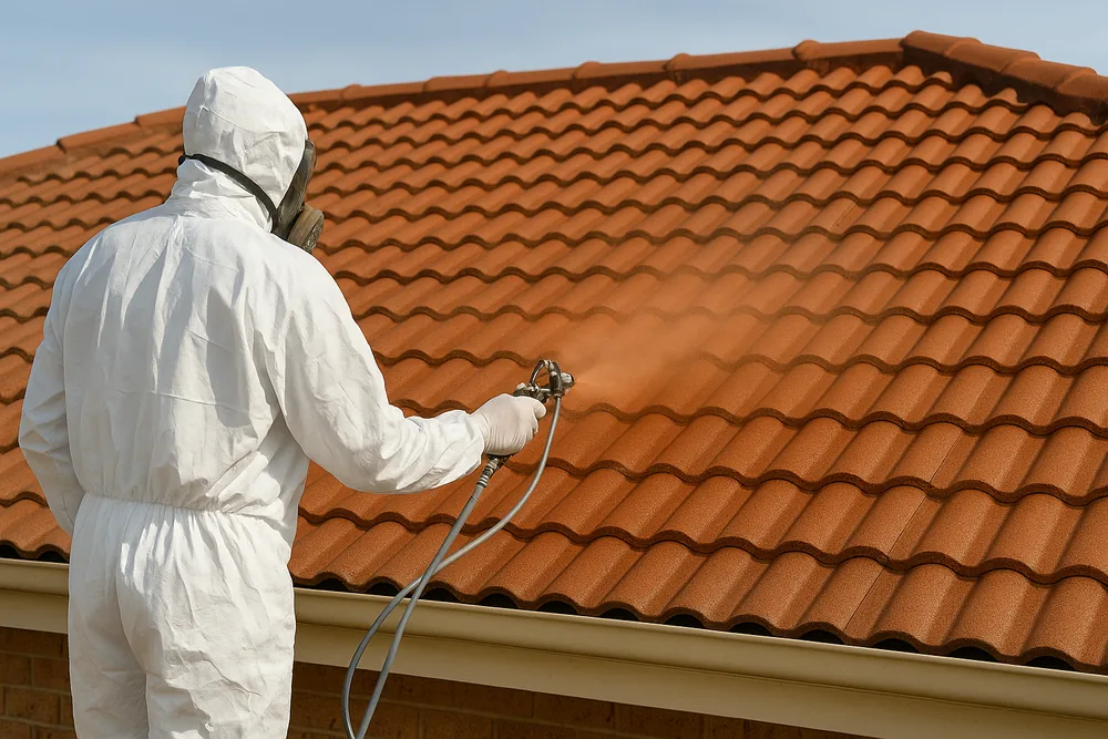 A person in a white coverall and respirator, seen from behind, spraying a fine mist of coating onto a terracotta-tiled roof — roof painting and protective coating, Gosford and the Central Coast. Illustrative example.