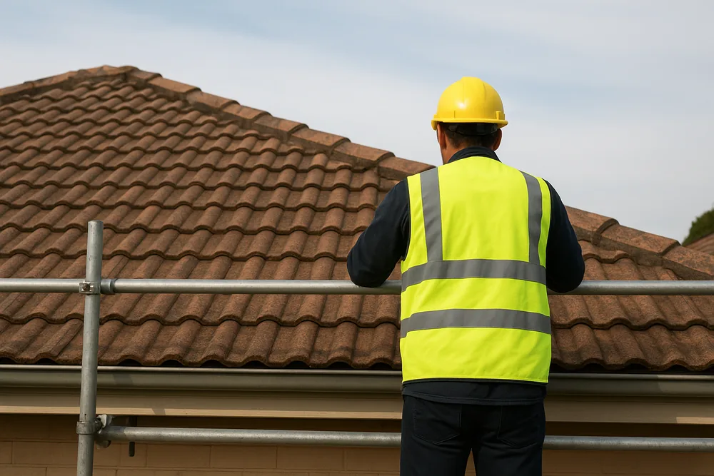 A man in a yellow hard hat and high-visibility vest, seen from behind, standing at a scaffold guardrail beside a brown tiled roof — roof restoration, Gosford and the Central Coast. Illustrative example.