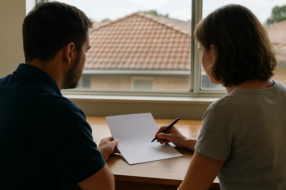 Two people seen from behind at a wooden table, one holding a blank sheet of paper and the other a pen, a window showing a tiled roof beyond — roof restoration, Gosford and the Central Coast. Illustrative example.