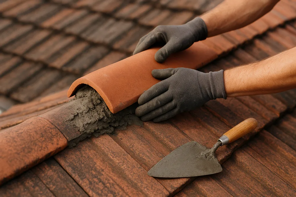 Two gloved hands pressing a terracotta ridge cap into a mound of grey mortar along a roof ridge, a trowel on the tiles beside them — tile roof restoration, Gosford and the Central Coast. Illustrative example.
