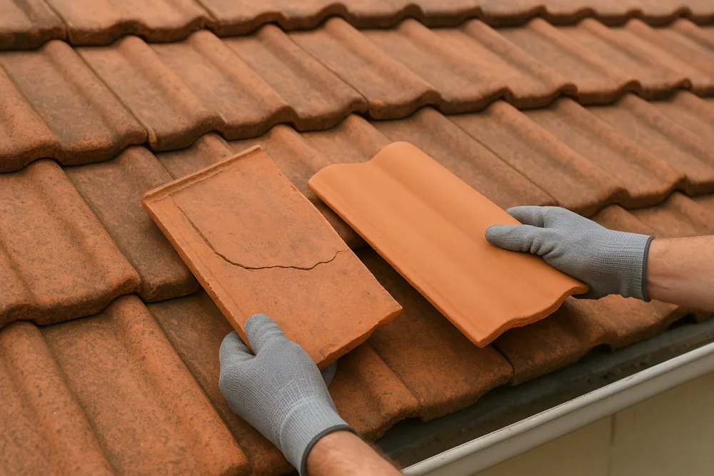 A cracked terracotta roof tile and a new smooth tile held side by side over a row of tiles by two grey-gloved hands — tile roof restoration, Gosford and the Central Coast. Illustrative example.